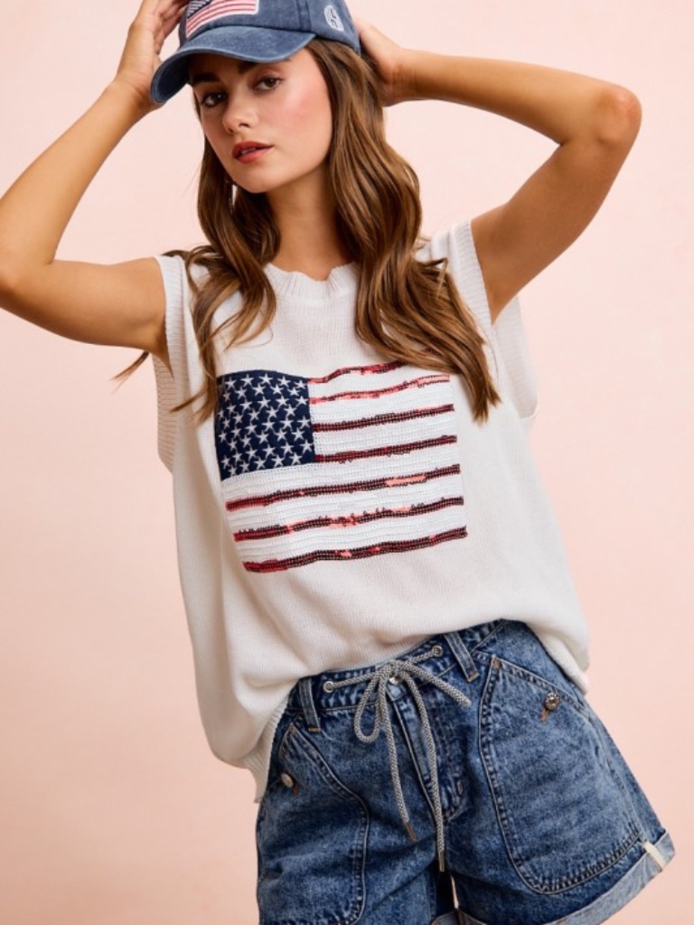 NWT American Flag Sequins Patch Knit Top